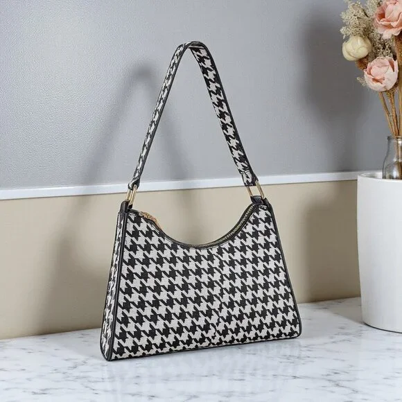 Houndstooth Baguette Shoulder Bag Black White PU Leather Y2K Streetwear Purse - Picture 10 of 14